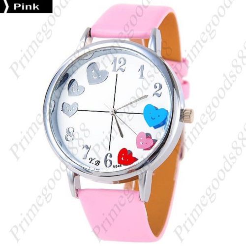 Smiling heart pu leather round analog quartz wrist wristwatch women&#039;s pink for sale