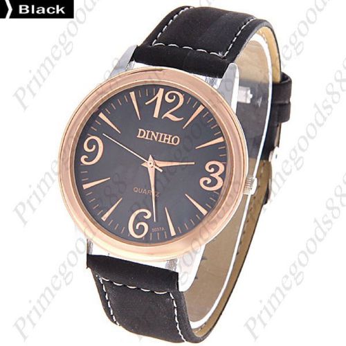Gold Trim Round Quartz Wrist PU Leather Men&#039;s Free Shipping Black Wristwatch