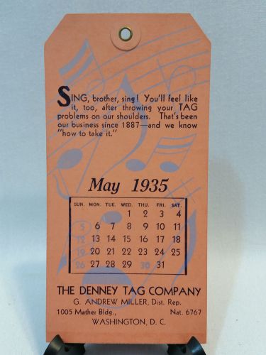 VINTAGE DENNEY TAG CO. MAY 1935 CALENDER MAILING TAG - FREE SHIPPING