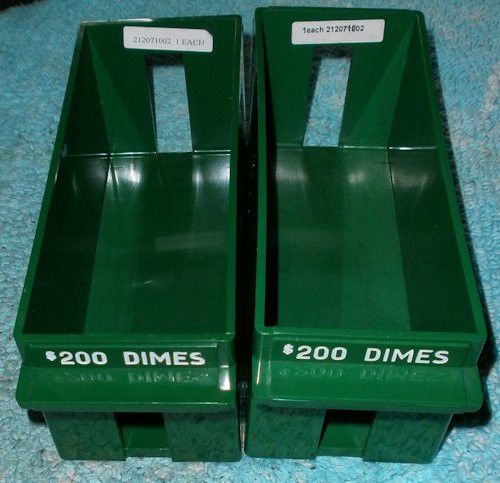 2 extra-capacity green color-keyed plastic dime rolled coin storage trays for sale