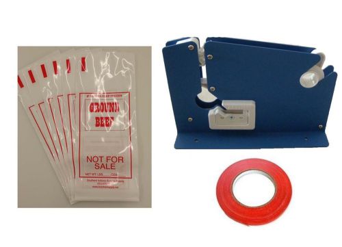GROUND BEEF MEAT PACKING KIT- TAPE MACHINE, TAPE, 200 1LB GROUND BEEF BAGS