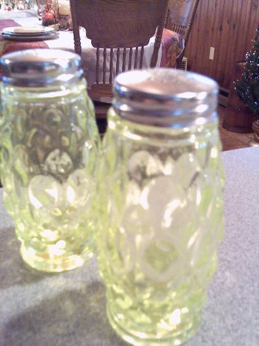 Mosser Glass Vintage Elizabeth Salt and Pepper Shakers Vaseline NIB 234SPV
