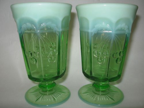 pair of Green Opalescent glass Cherry cable pattern tumblers / cups wine goblets