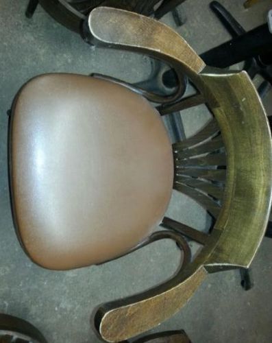 Solid oak pub chair with arms and brown cushion seat for sale