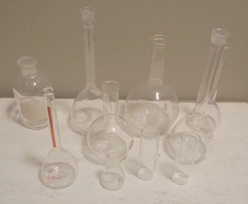 Ten 10 early pyrex and kimax chemistry laboratory bottles for sale