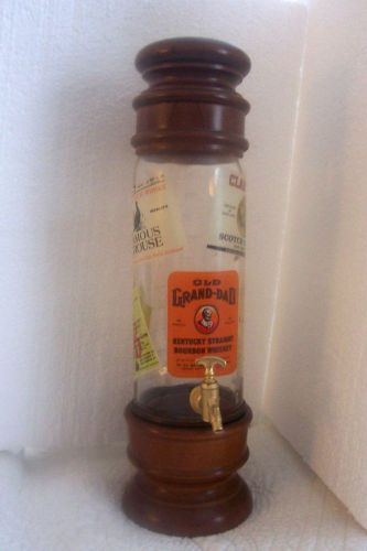 Vintage wood &amp; glass whiskey liquor spigot/tap dispenser decanter bottle for sale