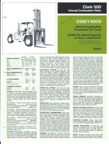 Fork lift truck brochure - clark - c500 y 200 d - 20,000 lbs - c1975 (lt151) for sale