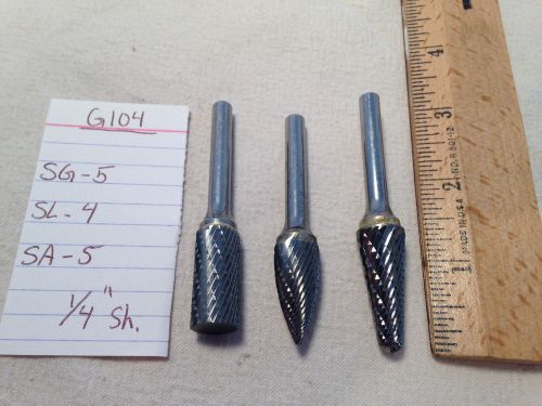 3 NEW 1/4&#034; (.250) SHANK CARBIDE BURRS. DB CUT. SG-5, SL-4, SA-5. USA MADE G104