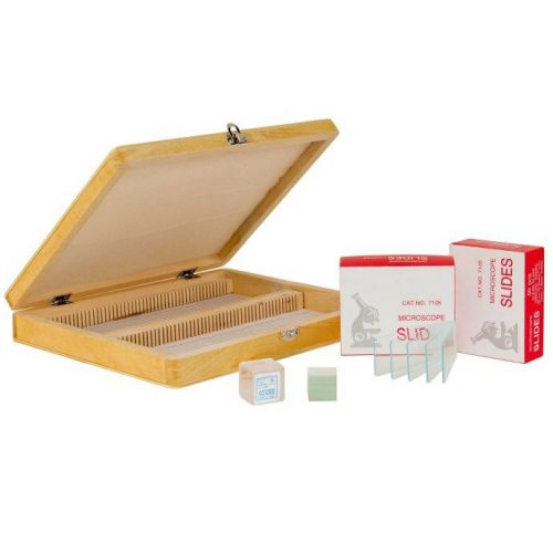 100 plain glass slides and 100 cover slips with wooden storage box for sale