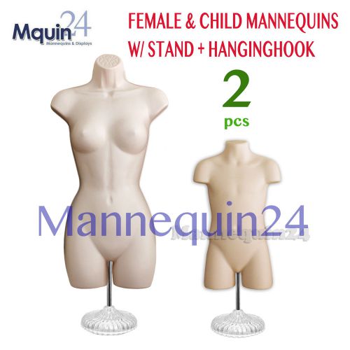 NEW 2 MANNEQUINS + 2 STANDS + 2 HANGING HOOKS : FEMALE &amp; CHILD BODY FORMS *FLESH