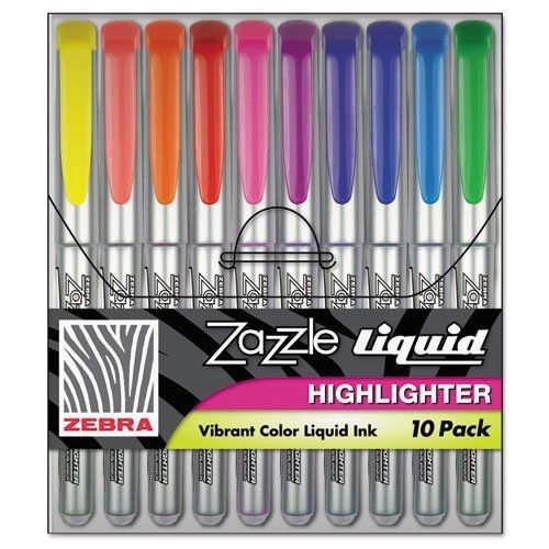 Zebra Zazzle Bright Fluorescent Ink Chisel Tip Highlighters, 10 Colored