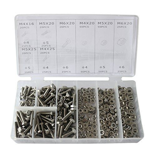 CO RODE 475pcs Stainless Steel Metric Hex Head Cap Nuts Screw with Lock and Flat