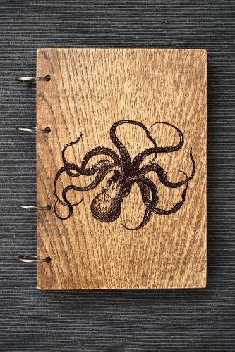 Vintage Cuttle-fish Octopus wooden / travelbook / sketchbook on split rings A5