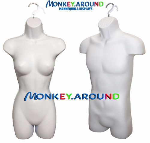 2 Mannequin,Male Female White Torso Body Forms +2 Hooks- Display Shirt Dress NEW