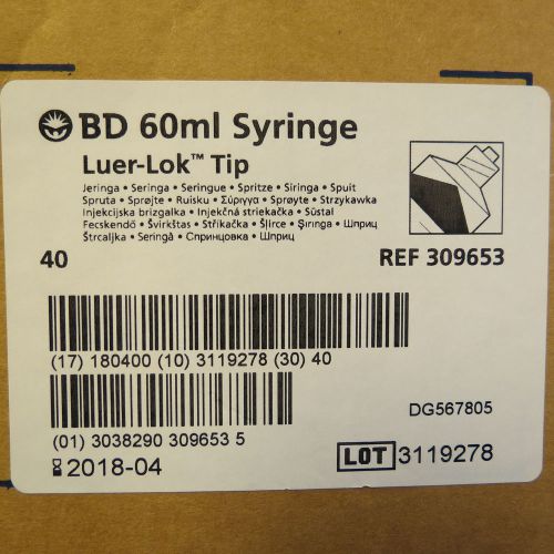Qty 33 bd 60ml syringe w/ luer lok tip model 309653 4/2018 expiry date for sale