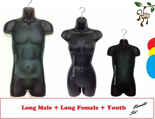 3 Mannequin Male Female Youth Manikin Dress Display Hanging Form Torso Black NEW