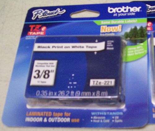Brother TZe-221, P-touch tape, Black Print on White Tape, 3/8&#034;  wide,  Laminated