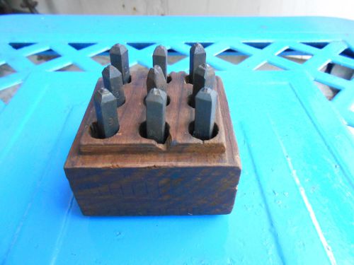 VINTAGE OLD WOOD BOX W 9 STEEL NUMBERS PUNCH STAMP DIE SET MARKED MATTHEWS