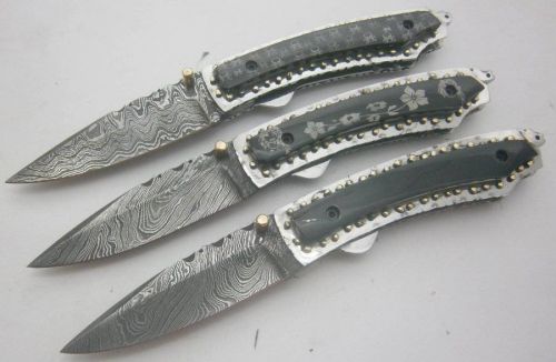 One of kind! custom manufactured damascus steel folding knives (lot of 3) 00099f for sale