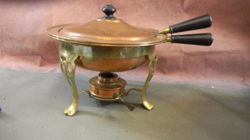 Vintage 60&#039;s Brass Copper Wooden Handle Chafing Dish Sterno Serving Japan