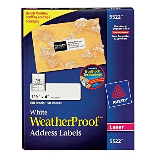 Avery Weatherproof Mailing Labels - Laser Printer, 50 Sheets 5522