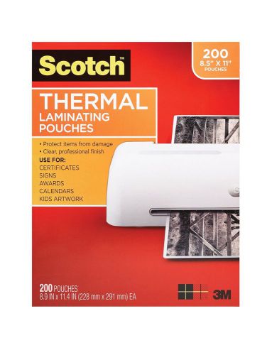 New scotch thermal laminating pouches, 8.9 x 11.4 inches, 3 mil thick, 200 pack for sale