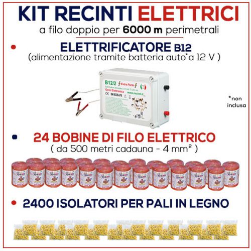 ELECTRIC FENCE COMPLETE KIT for 6000 mt - ENERGIZER B/12 + WIRE + INSULATORS
