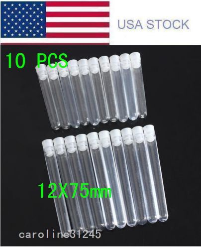 New 12x75mm 10pcs plastic clear test tubes with clear white caps stoppers for sale