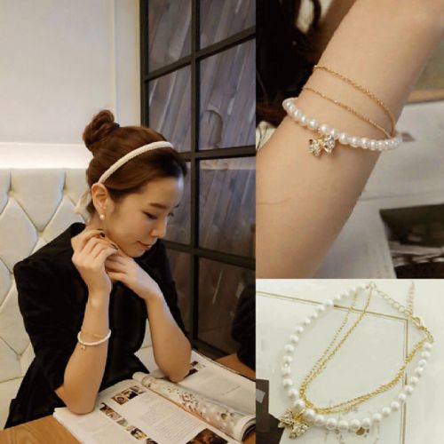 Jewelry Pearl Cuff Rhinestone Pendant Bow Bracelet Multilayer Womens Gold