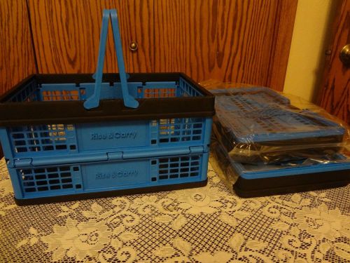 3 Rise &amp; Carry Blue Plastic Folding Shopping Baskets Totes Holders