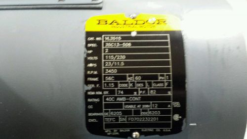 BALDOR VL3515 MOTOR, 2 hp, 115/230 volts,  3450 rpm, 1 PH, 35C13-506 56c frame