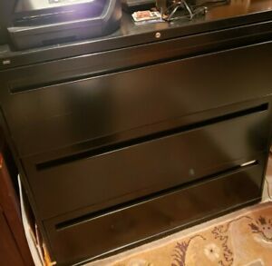 HON 3 Drawer Lateral File Cabinet Black Steel Storage Filing. Preowned