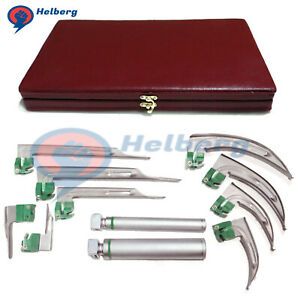 Anesthesia Fiber Optic Laryngoscope 9 Blades Set Mac &amp; Miller + 2 Handles + Box