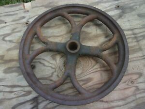 11&#034; Vtg Antique Cast Iron Flat Belt Pulley Line Shaft Hit Miss Engine Wheel Old