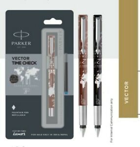 PARKER VECTOR TIMECHECK FOUNTAIN PEN WITH STAINLESS STEEL TRIM 2 BODY COLOURS