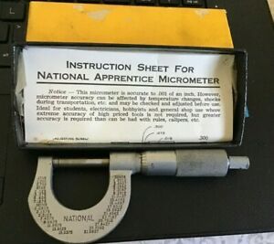 NATIONAL No. 102 MM APPRENTICE MICROMETER w/ INSTRUCTIONS &amp; ORIGINAL BOX