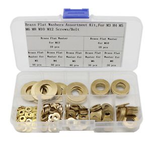 210 Pcs Brass Flat Washers Assortment Kit for M3 M4 M5 M6 M8 M10 M12 Screws