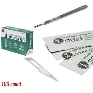 DAMAGED BOX 100Pc Box-#11 Sterilized Scalpel Blades 440 Steel  FREE HANDLE $AVE