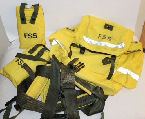 Vtg 1985 yellow reflect tape firemans backpack gear bag fss 2 bottles bladders for sale