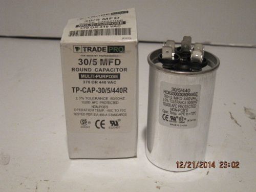 Tradepro 30/5mfd round capacitor,370/440vac,tp-cap-30/5/440r, free shipping nib for sale
