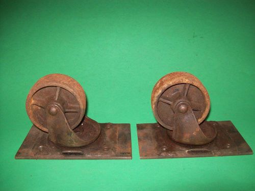Set of 2 antique bassick cast iron industrial swivel casters wheels 3&#034;-b for sale