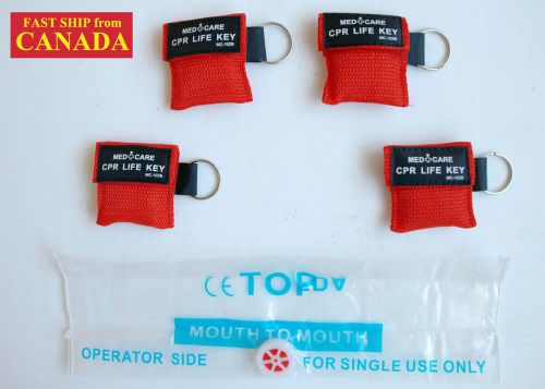 4PCS CPR MASK FACE SHIELD in POUCH w/ KEY CHAIN, 1-way Valve, 2&#034; x 2&#034;, RED