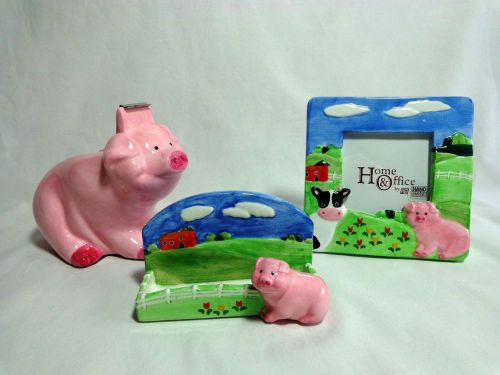 Desk set pig farm tape dispenser photo frame business card holder for sale