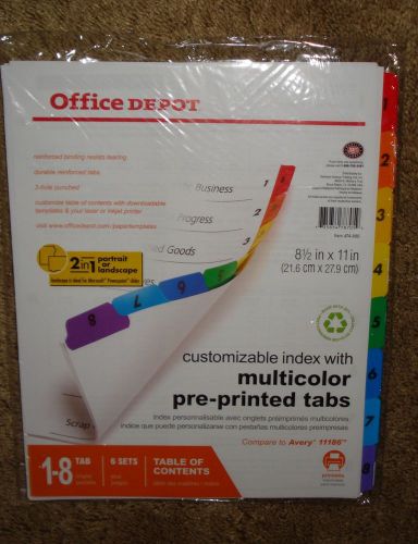 Office Depot Table of Contents Reference Divider-Printed 1-8 6/Pk Multi Color