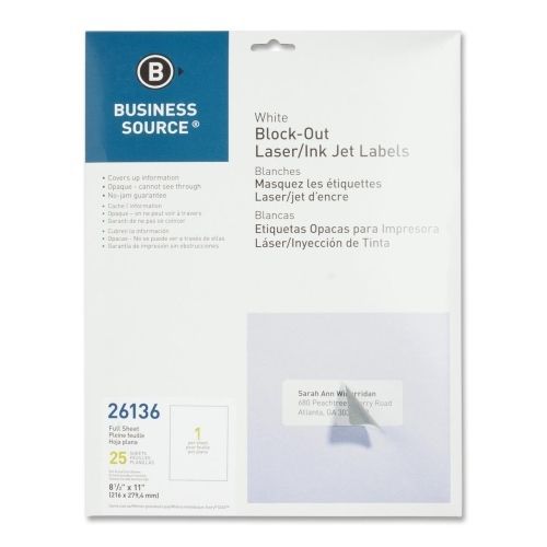 BSN26136 Block-Out Labels, Full Sheet, 8-1/2&#034;x11&#034;, 25/PK, White