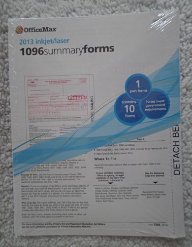 1096 Summary Forms Tax Year 2013 Inkjet Laser IRS 1 Part Forms