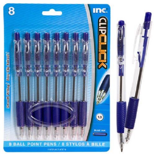 Clip Click Ball Point 1.0 mm Medium Retractable Blue Ink Pens 8 Pack