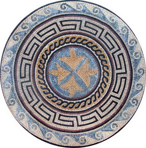 Blue medallion mosaic with a waves border for sale
