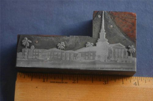 Letterpress Printing Block Street View with Church Homes Car     (010)