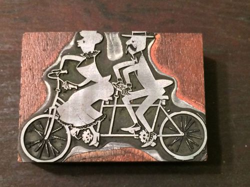 Letterpress Printer Blocks Wood Metal Type olde timey tandem bike man and woman